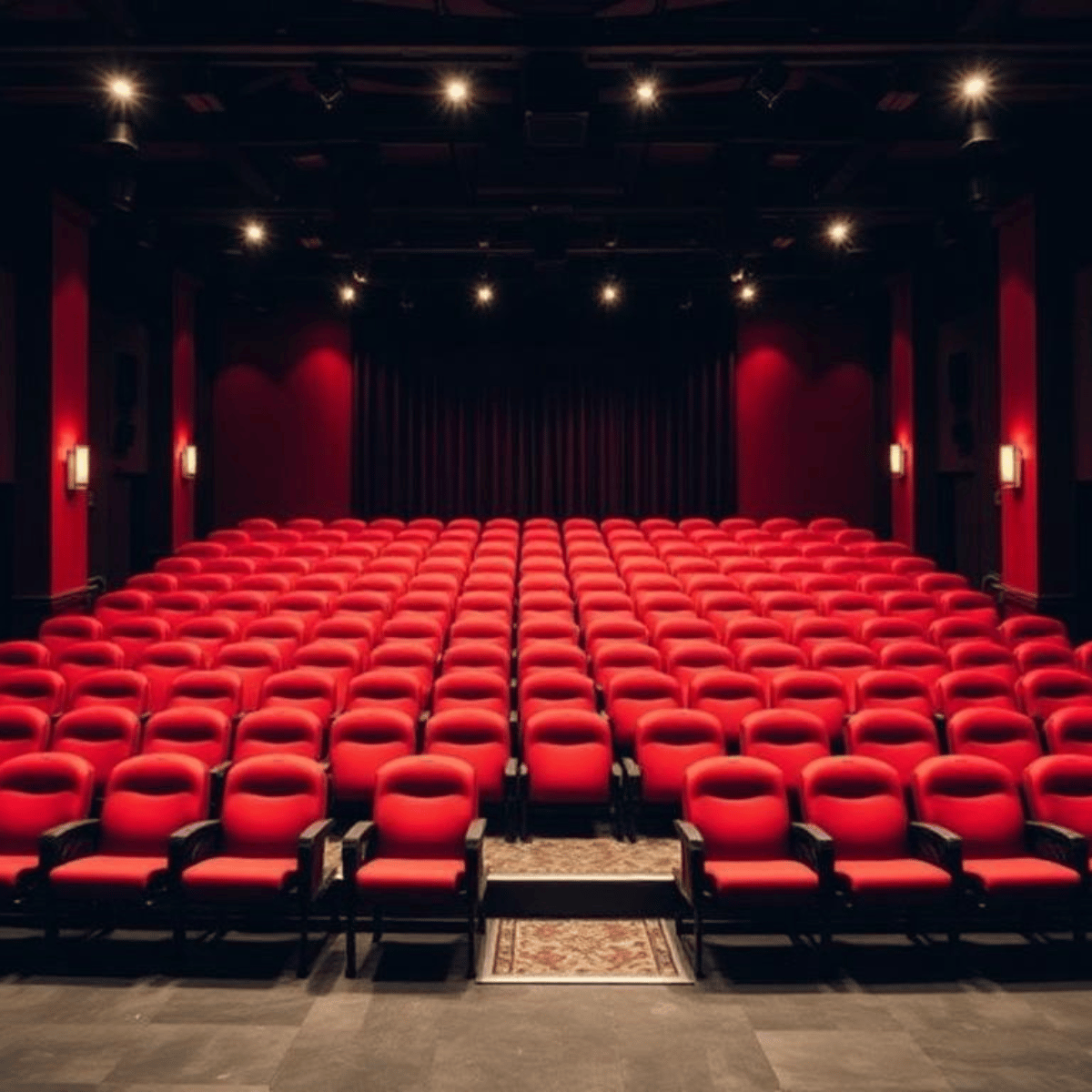 Teatro íntimo con mesas y sillas coloridas